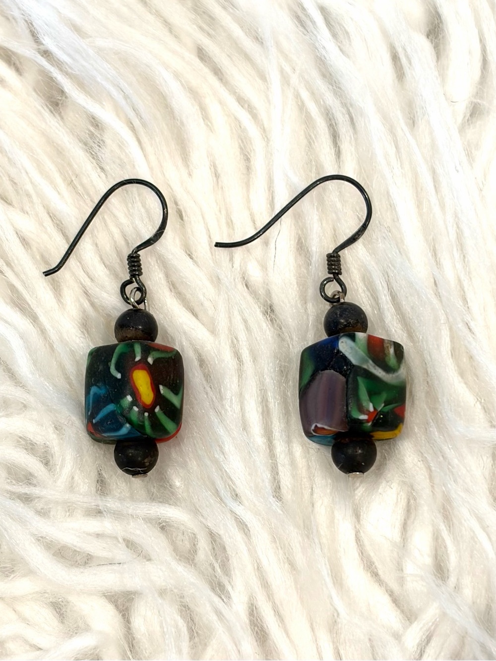 Handmade Polymer Clay Millefiori Cube Dangle Earrings Boho Multicolored Floral